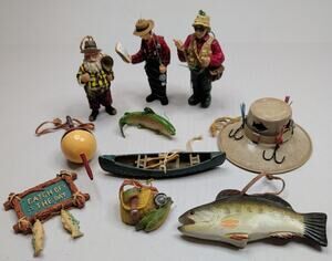 Mixed Lot of 10 Fishing Christmas Ornaments Carved Wooden Fish Fly Fishing Santa